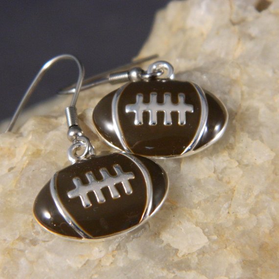 Brown and Silver Enameled Football Earrings